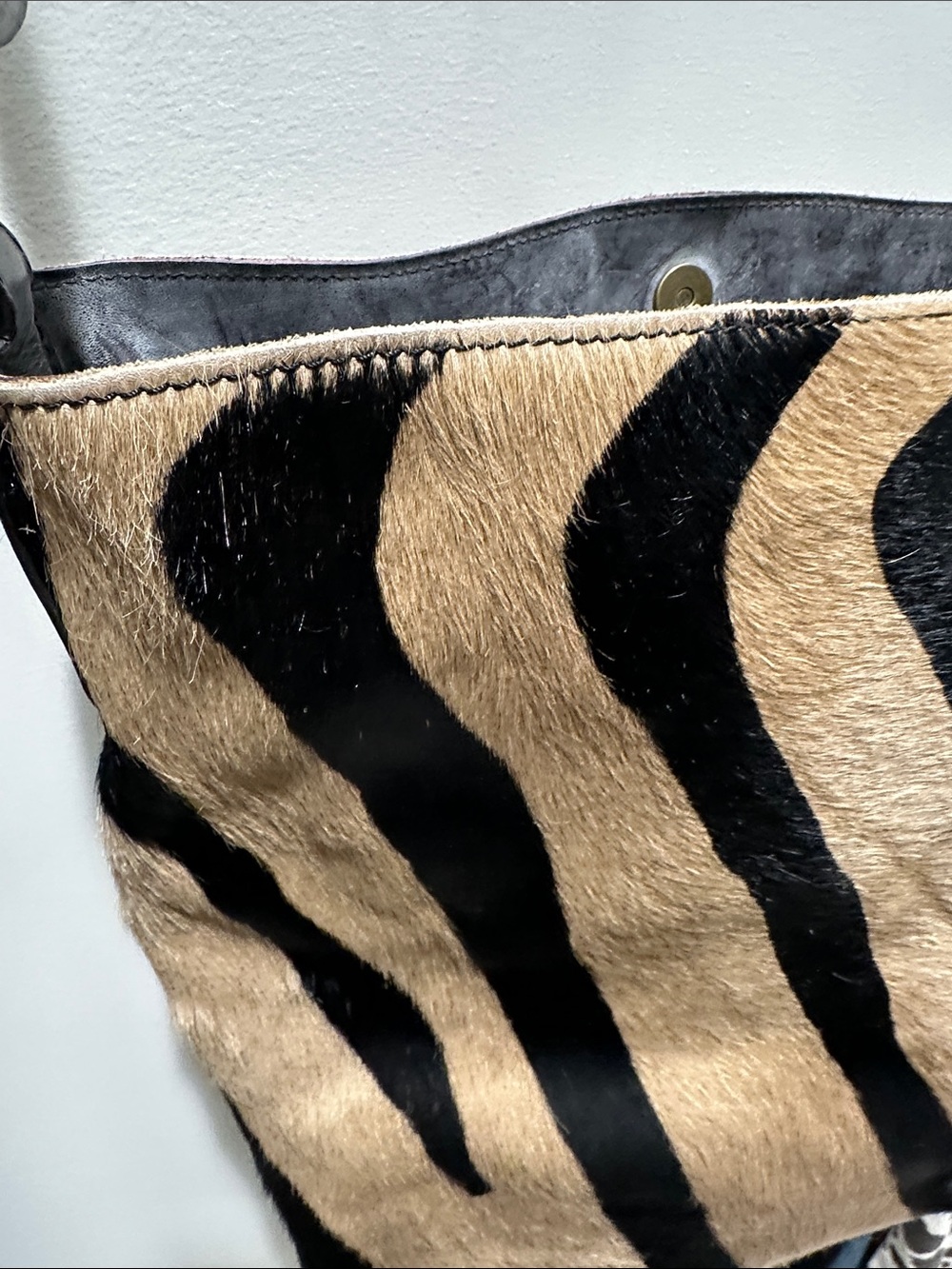 Women's Zebra-Stripe Haircalf Shoulder Bag - Black & Tan - Picture 2 of 5
